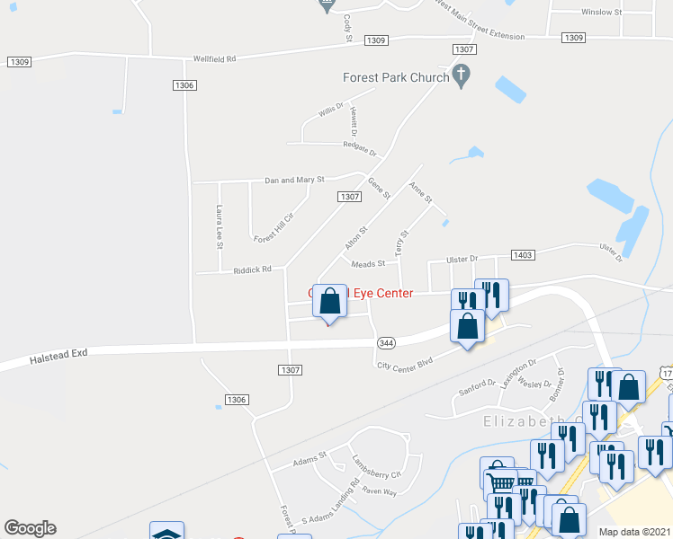 map of restaurants, bars, coffee shops, grocery stores, and more near 702 Alton Street in Elizabeth City