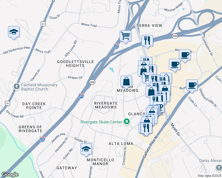 map of restaurants, bars, coffee shops, grocery stores, and more near 163 Cobblestone Place Drive in Goodlettsville