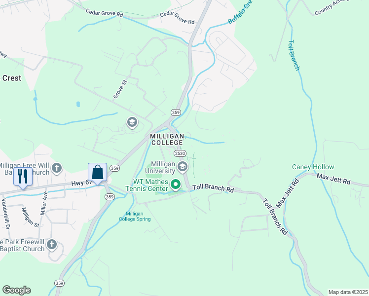 map of restaurants, bars, coffee shops, grocery stores, and more near in MILLIGAN COLL