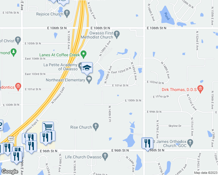 map of restaurants, bars, coffee shops, grocery stores, and more near 14006 East 101st Street North in Owasso