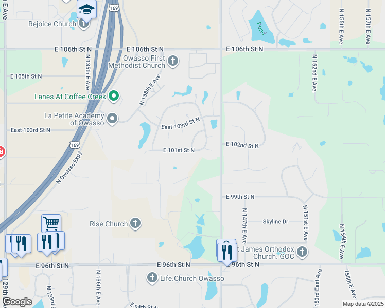 map of restaurants, bars, coffee shops, grocery stores, and more near 14028 East 101st Street North in Owasso