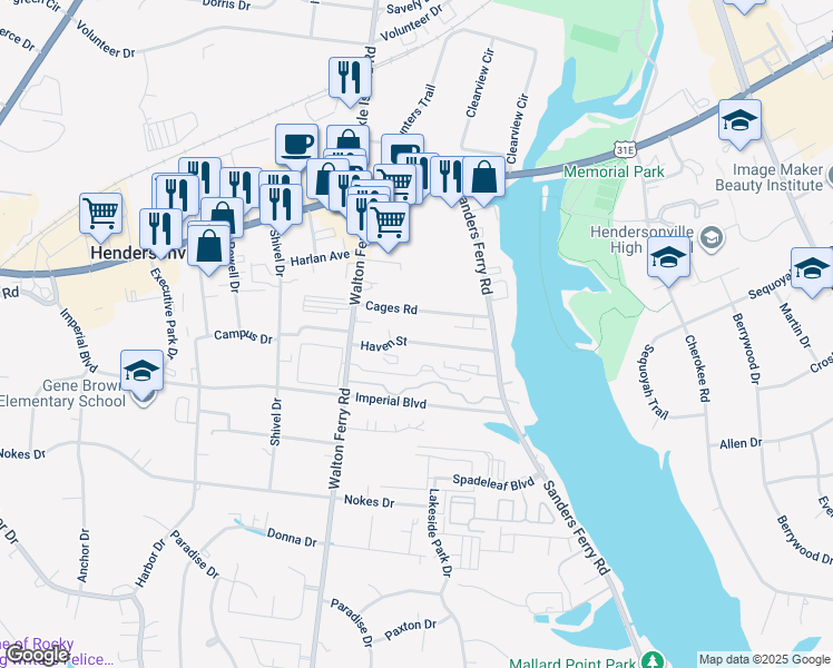 map of restaurants, bars, coffee shops, grocery stores, and more near 117 Haven Street in Hendersonville