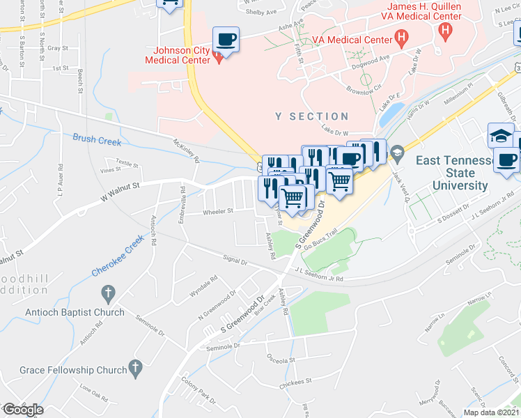 map of restaurants, bars, coffee shops, grocery stores, and more near 727 Lovelace St in Johnson City