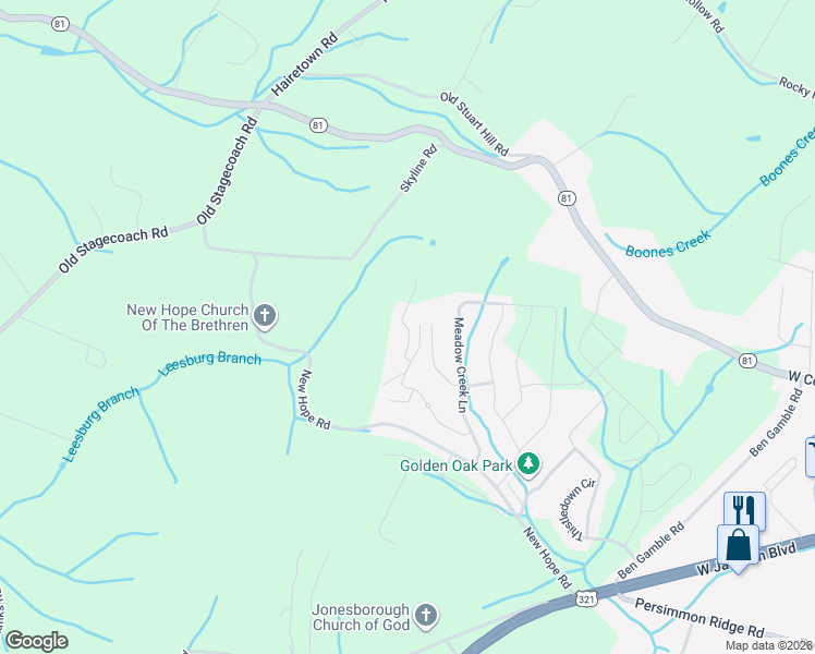 map of restaurants, bars, coffee shops, grocery stores, and more near 715 Birds Eye View in Jonesborough