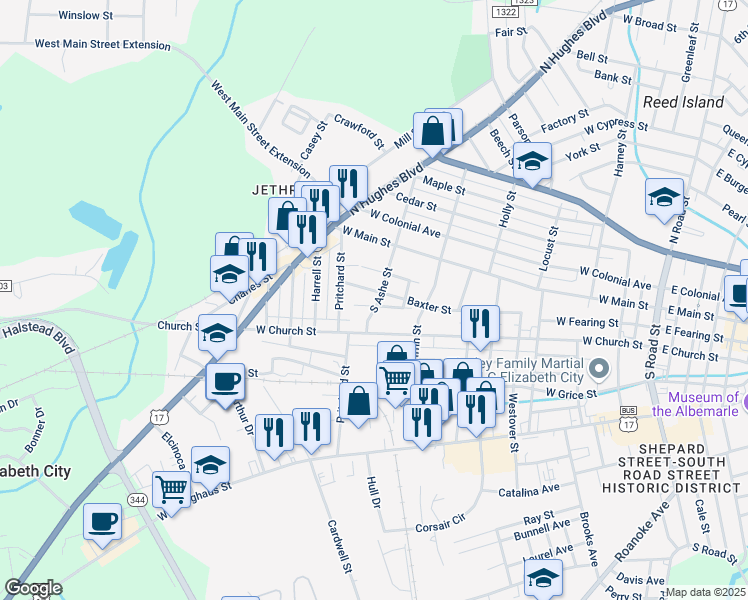 map of restaurants, bars, coffee shops, grocery stores, and more near 1110 Chalk Street in Elizabeth City