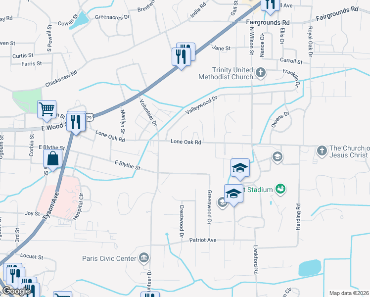 map of restaurants, bars, coffee shops, grocery stores, and more near 1401 Lone Oak Road in Paris