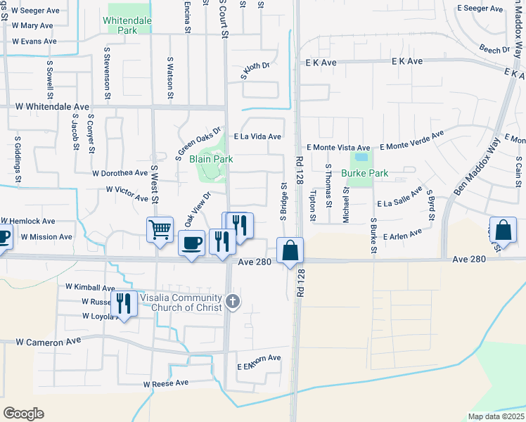 map of restaurants, bars, coffee shops, grocery stores, and more near 241 East Paseo Avenue in Visalia