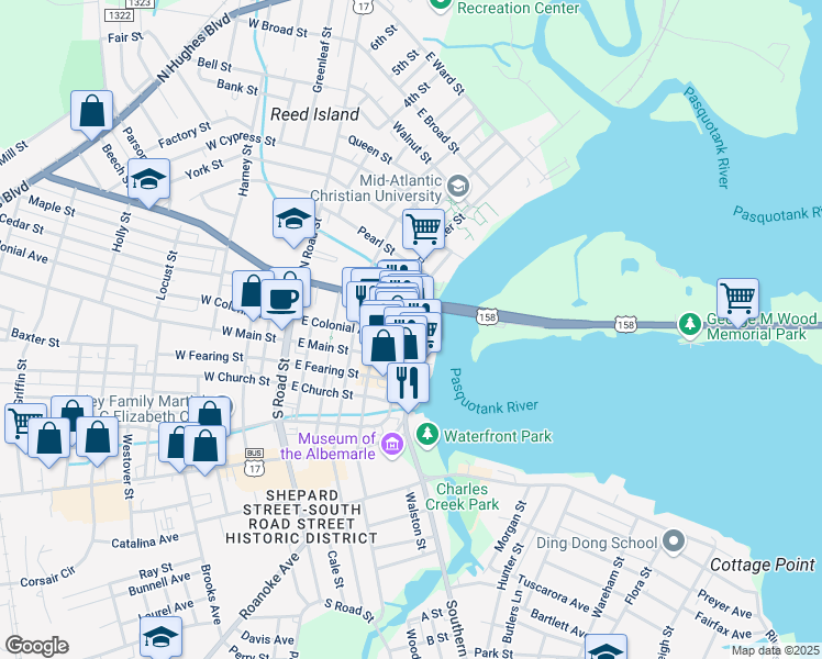 map of restaurants, bars, coffee shops, grocery stores, and more near 203 North Water Street in Elizabeth City