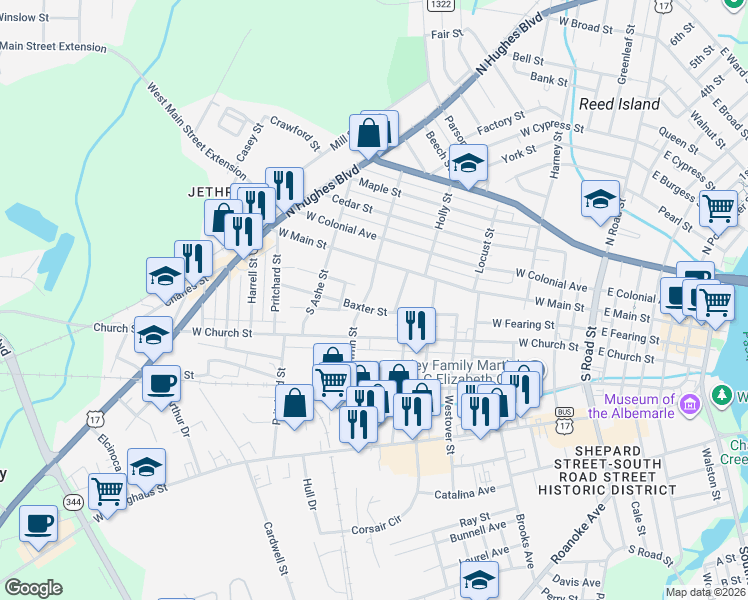 map of restaurants, bars, coffee shops, grocery stores, and more near 905 Baxter Street in Elizabeth City