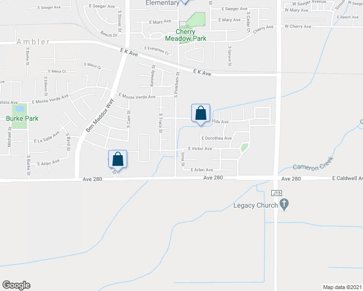 map of restaurants, bars, coffee shops, grocery stores, and more near 2144 East Victor Avenue in Visalia