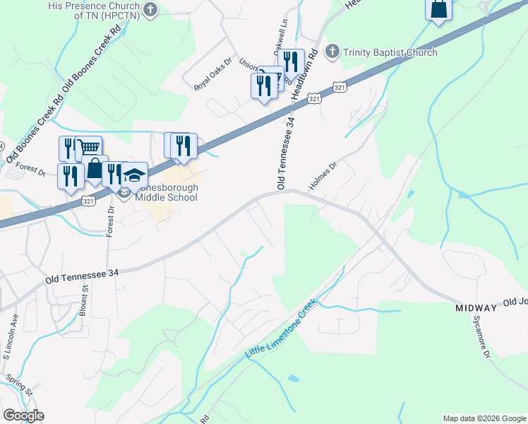 map of restaurants, bars, coffee shops, grocery stores, and more near Comer's Drive in Jonesborough