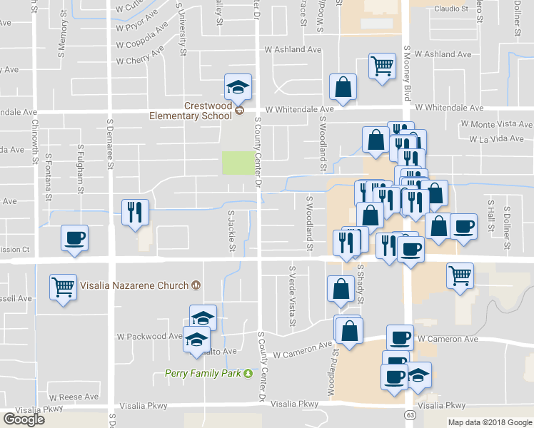map of restaurants, bars, coffee shops, grocery stores, and more near 2841 West Orchard Court in Visalia