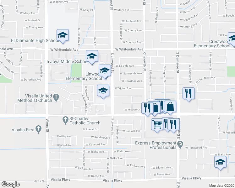 map of restaurants, bars, coffee shops, grocery stores, and more near 4430 West Orchard Avenue in Visalia