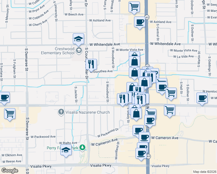 map of restaurants, bars, coffee shops, grocery stores, and more near 2531 West Hemlock Court in Visalia