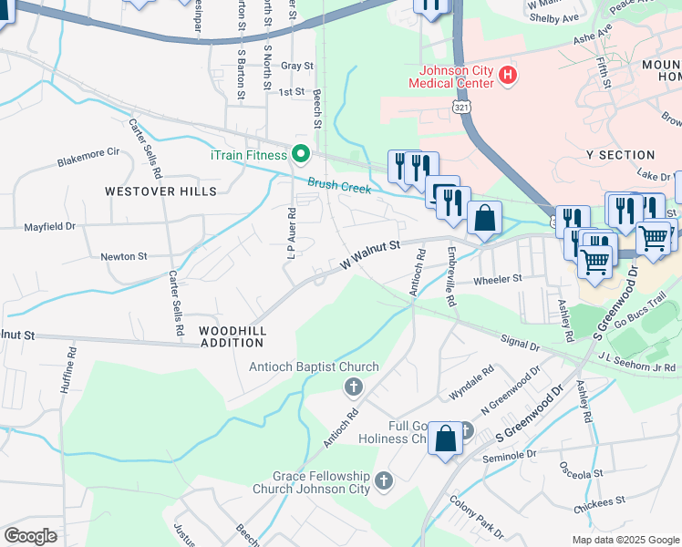 map of restaurants, bars, coffee shops, grocery stores, and more near 2809 W Walnut St in Johnson City