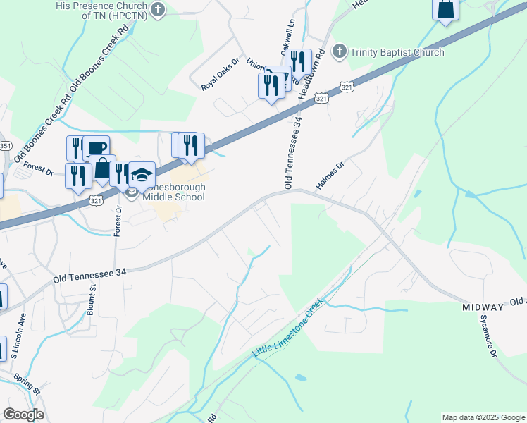map of restaurants, bars, coffee shops, grocery stores, and more near Comer's Dr in Jonesborough