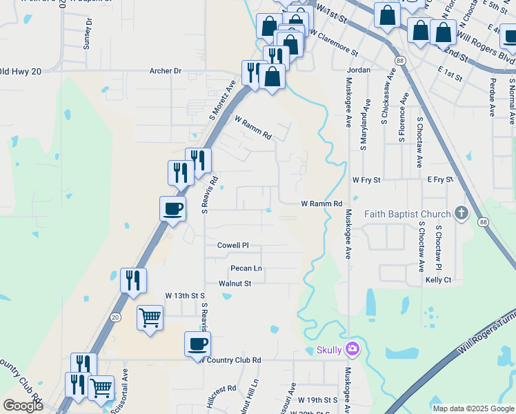 map of restaurants, bars, coffee shops, grocery stores, and more near 87 Ramm Road in Claremore