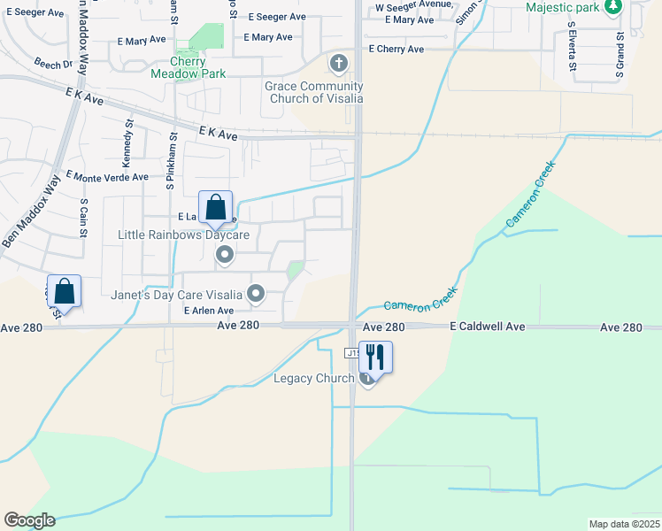 map of restaurants, bars, coffee shops, grocery stores, and more near 3315 South Lovers Lane in Visalia