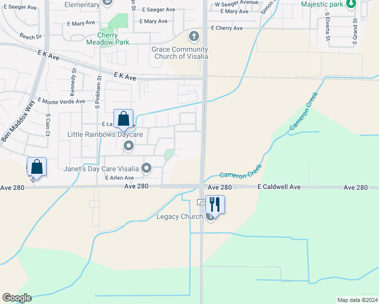 map of restaurants, bars, coffee shops, grocery stores, and more near 3315 South Lovers Lane in Visalia