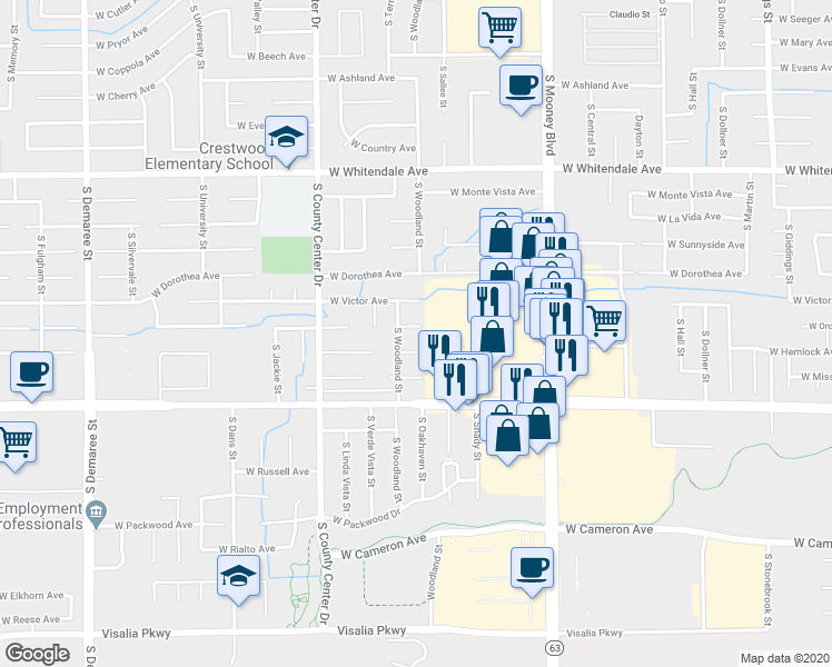 map of restaurants, bars, coffee shops, grocery stores, and more near 2517 West Chestnut Court in Visalia