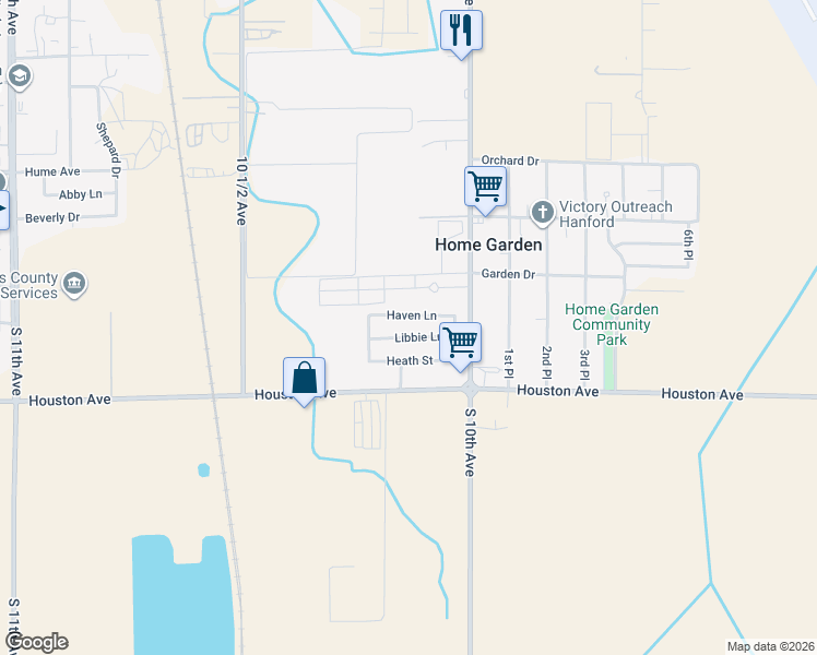 map of restaurants, bars, coffee shops, grocery stores, and more near 10140 Libbie Lane in Hanford