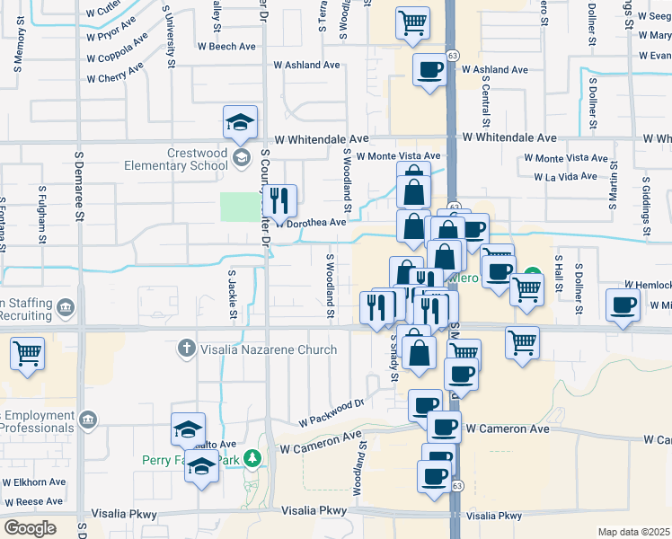 map of restaurants, bars, coffee shops, grocery stores, and more near 2541 West Chestnut Court in Visalia