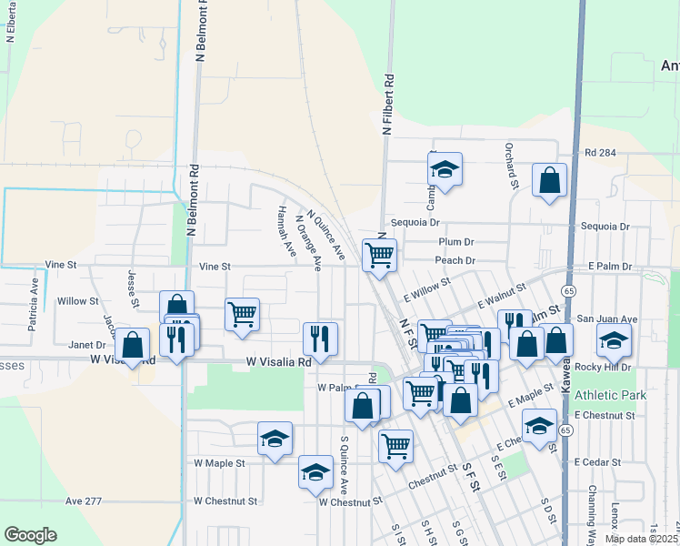 map of restaurants, bars, coffee shops, grocery stores, and more near 456 North Quince Avenue in Exeter