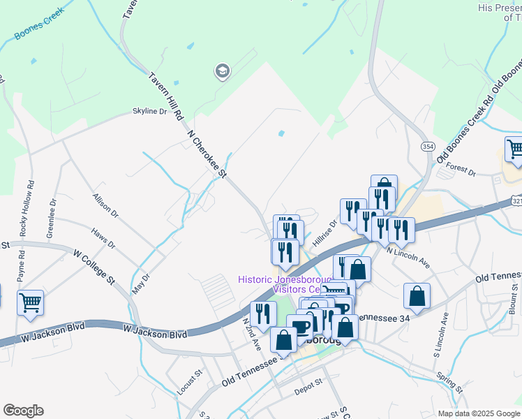 map of restaurants, bars, coffee shops, grocery stores, and more near 508 North Cherokee Street in Jonesborough