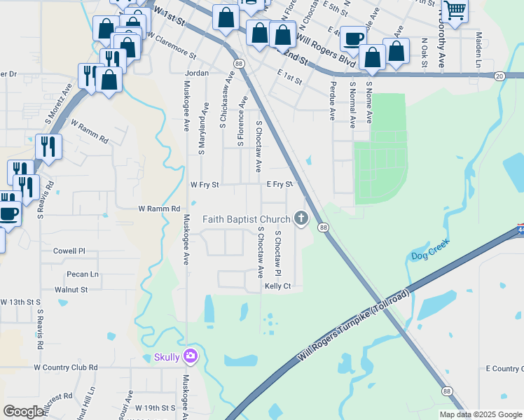 map of restaurants, bars, coffee shops, grocery stores, and more near 900 South Choctaw Avenue in Claremore