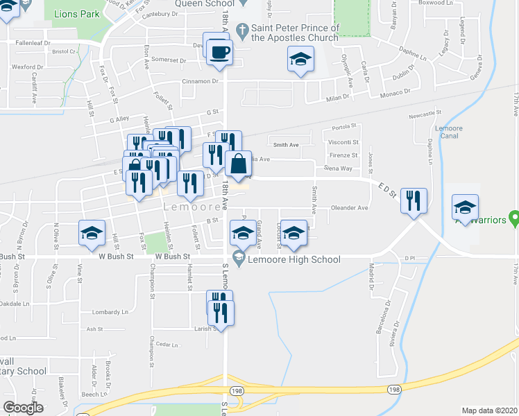 map of restaurants, bars, coffee shops, grocery stores, and more near Oleander Avenue & Grand Avenue in Lemoore