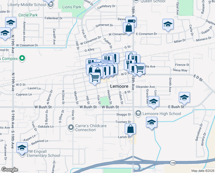 map of restaurants, bars, coffee shops, grocery stores, and more near C Street in Lemoore