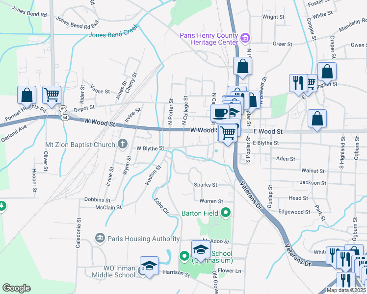 map of restaurants, bars, coffee shops, grocery stores, and more near West Blythe Street in Paris