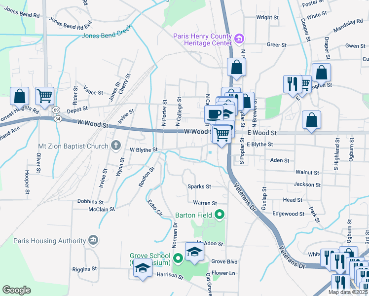 map of restaurants, bars, coffee shops, grocery stores, and more near West Blythe Street in Paris