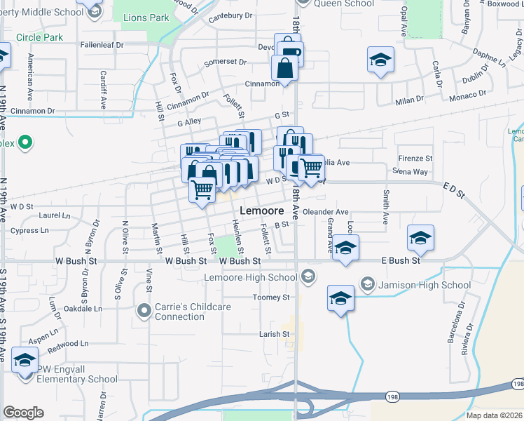map of restaurants, bars, coffee shops, grocery stores, and more near 37 South Olive Street in Lemoore