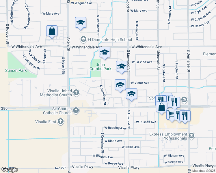 map of restaurants, bars, coffee shops, grocery stores, and more near 3228 South Crenshaw Street in Visalia