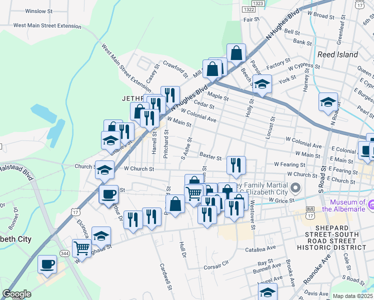 map of restaurants, bars, coffee shops, grocery stores, and more near South Ashe Street in Elizabeth City