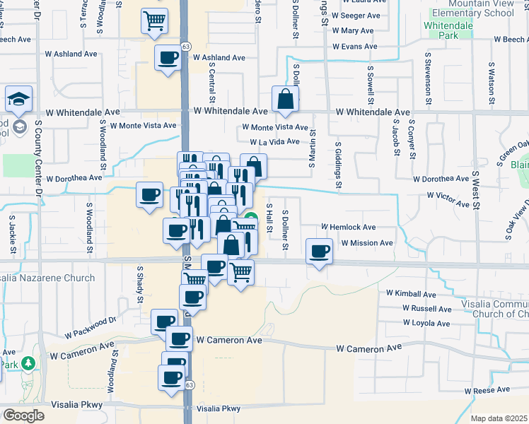 map of restaurants, bars, coffee shops, grocery stores, and more near 3319 South Hall Street in Visalia