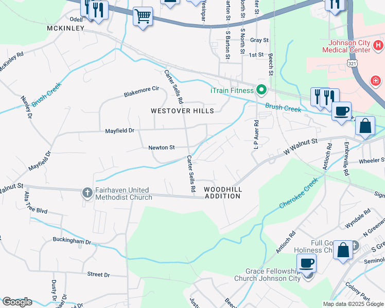 map of restaurants, bars, coffee shops, grocery stores, and more near 411 Brookhaven Drive in Johnson City