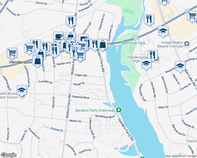 map of restaurants, bars, coffee shops, grocery stores, and more near 95 Cages Road in Hendersonville