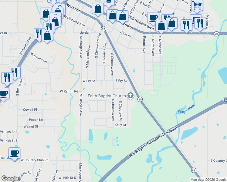 map of restaurants, bars, coffee shops, grocery stores, and more near 706 South Choctaw Avenue in Claremore
