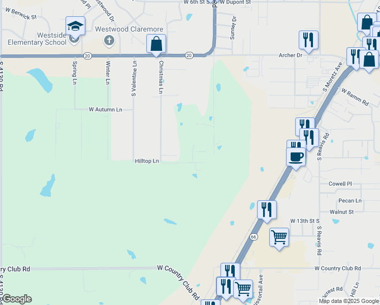map of restaurants, bars, coffee shops, grocery stores, and more near 2202 Fall Lane in Claremore