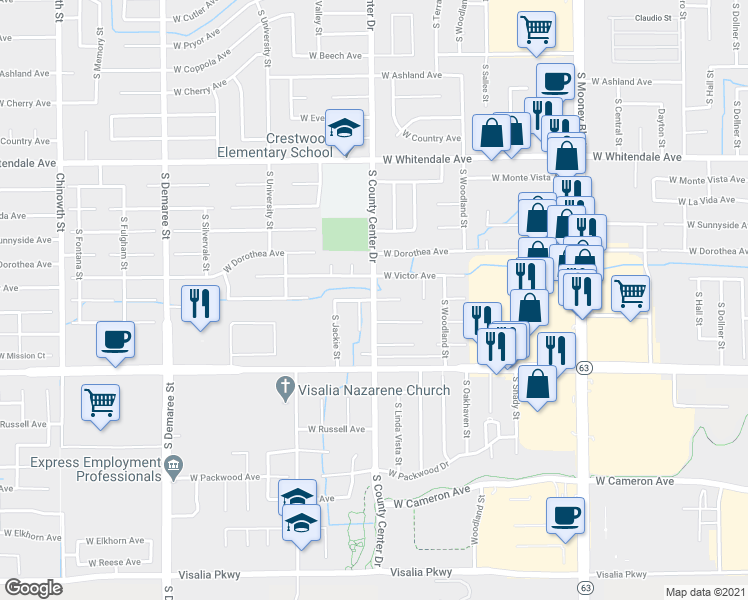 map of restaurants, bars, coffee shops, grocery stores, and more near South County Center Drive & West Orchard Avenue in Visalia