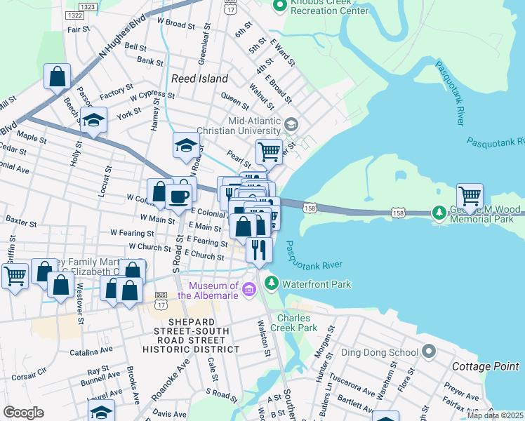 map of restaurants, bars, coffee shops, grocery stores, and more near 515 East Elizabeth Street in Elizabeth City