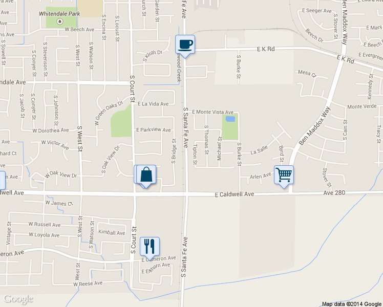 map of restaurants, bars, coffee shops, grocery stores, and more near 3001-3499 S Santa Fe Ave in Visalia