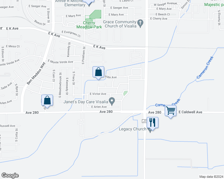 map of restaurants, bars, coffee shops, grocery stores, and more near 2437 East Dorothea Avenue in Visalia