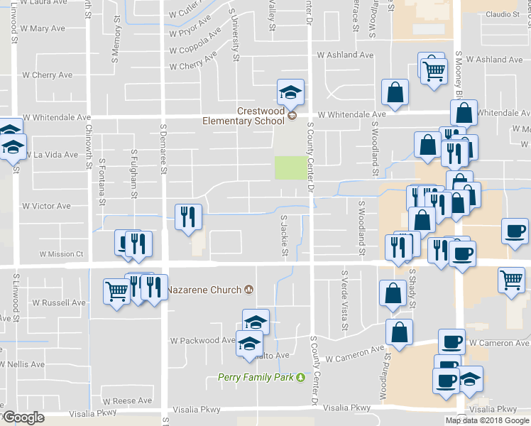 map of restaurants, bars, coffee shops, grocery stores, and more near 3125 West Orchard Avenue in Visalia