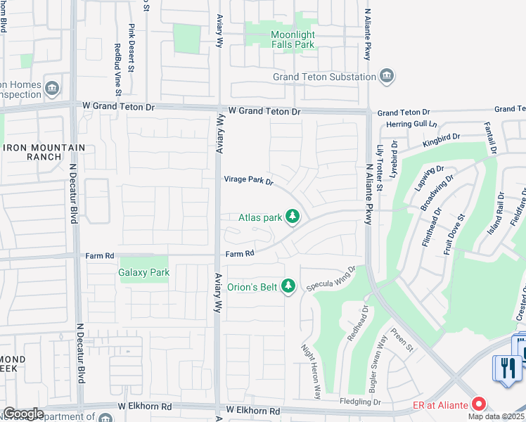 map of restaurants, bars, coffee shops, grocery stores, and more near Virage Park Drive in North Las Vegas