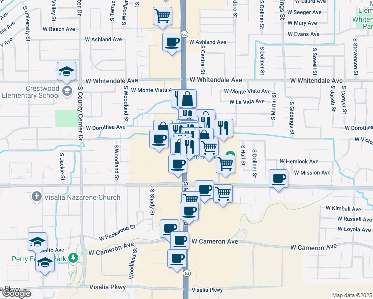 map of restaurants, bars, coffee shops, grocery stores, and more near 3322 South Mooney Boulevard in Visalia