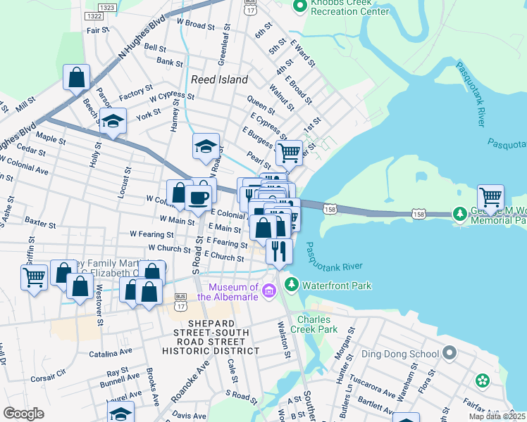 map of restaurants, bars, coffee shops, grocery stores, and more near 515 East Elizabeth Street in Elizabeth City