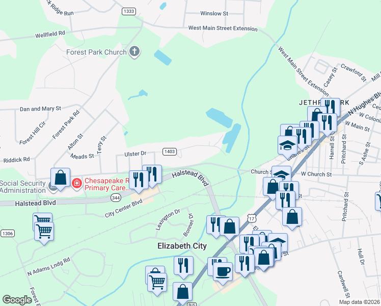 map of restaurants, bars, coffee shops, grocery stores, and more near 1704 Ulster Drive in Elizabeth City